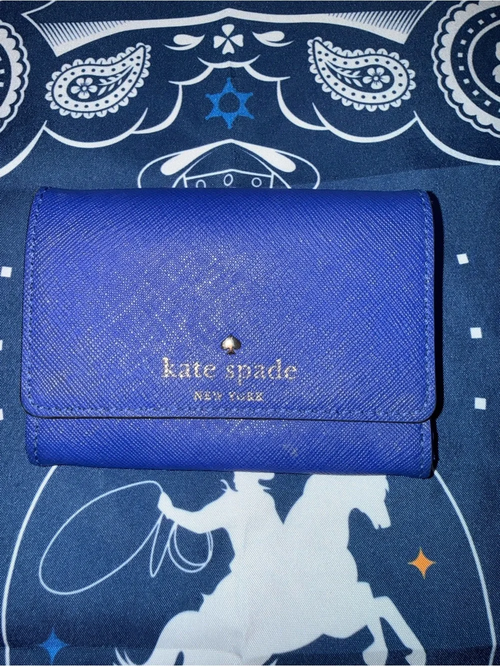 kate spade Blue Saffiano Leather Compact Wallet with Gold Logo